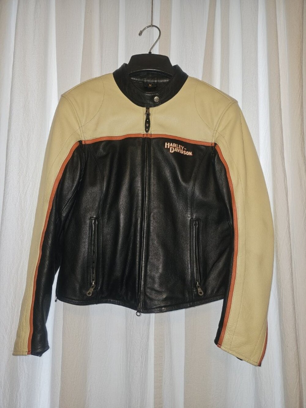 Harley Davidson Women’s M Genuine Leather Motorcycle Jacket Black Cream Orange